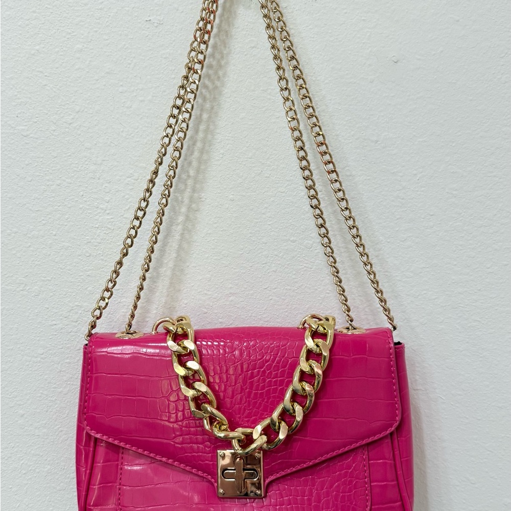 Pink Croc-Embossed Chain Shoulder Bag
